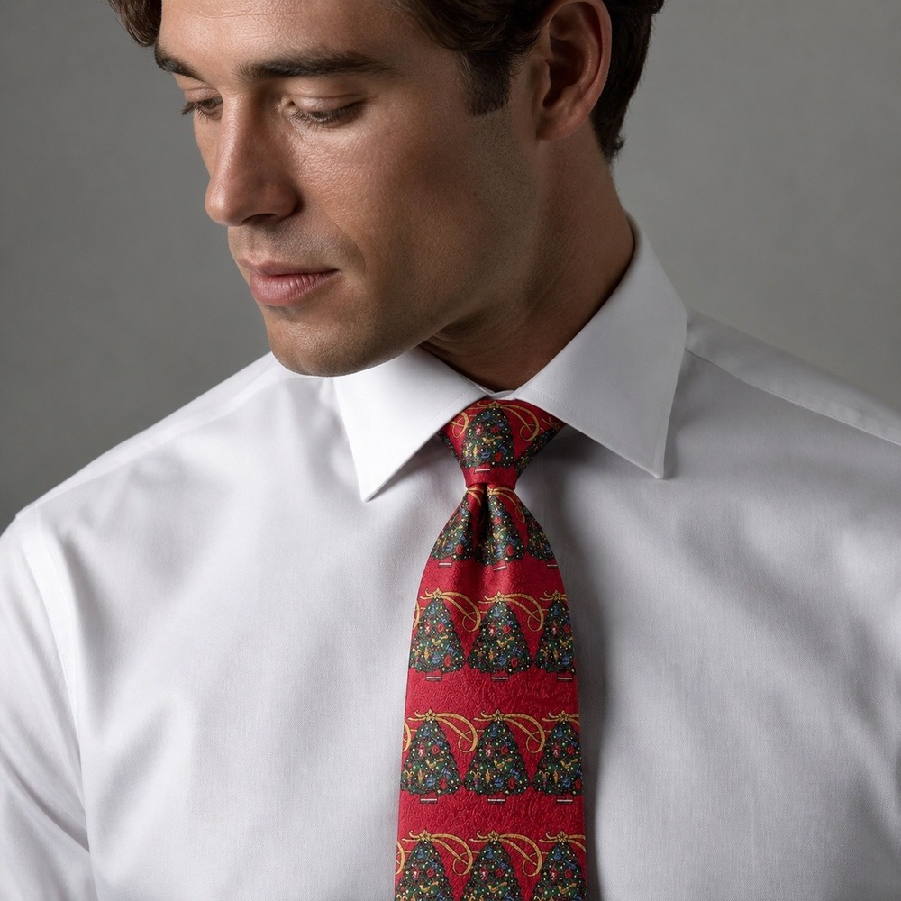 Vtg 90s Hallmark Christmas Tie Red Silk Made in USA Holiday Traditions Trees‎